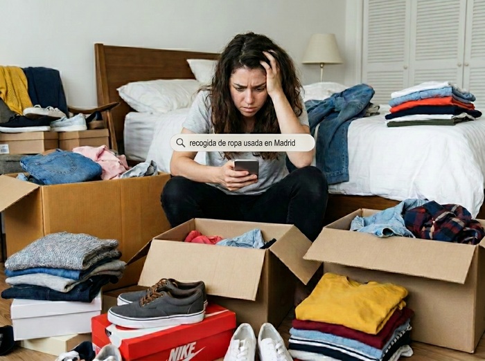 chica buscando en google recogida de ropa usada en madrid