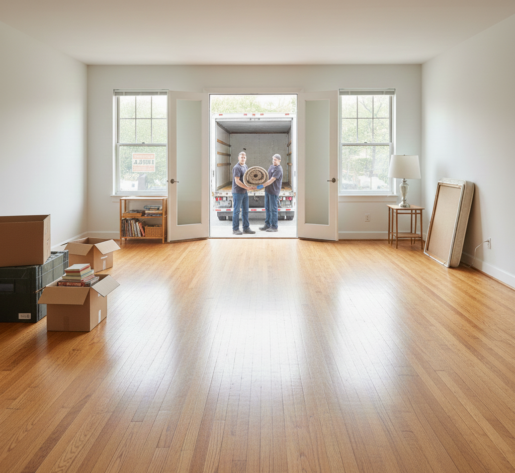 persona vaciando casa con alfombra en las manos