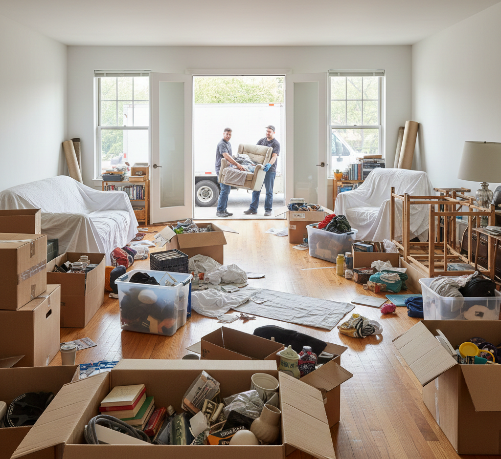 personas vaciando un piso cajas en el piso